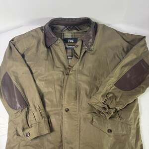 VTG London Fog Barn Coat Jacket Olive Leather Trim Plaid Lined Mens L Thinsulate